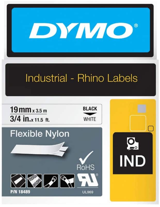DYMO IND 18489 Rhino Vinyl Labels, Authentic, Self Adhesive Black Print on White 19 mm x 3.50 m
