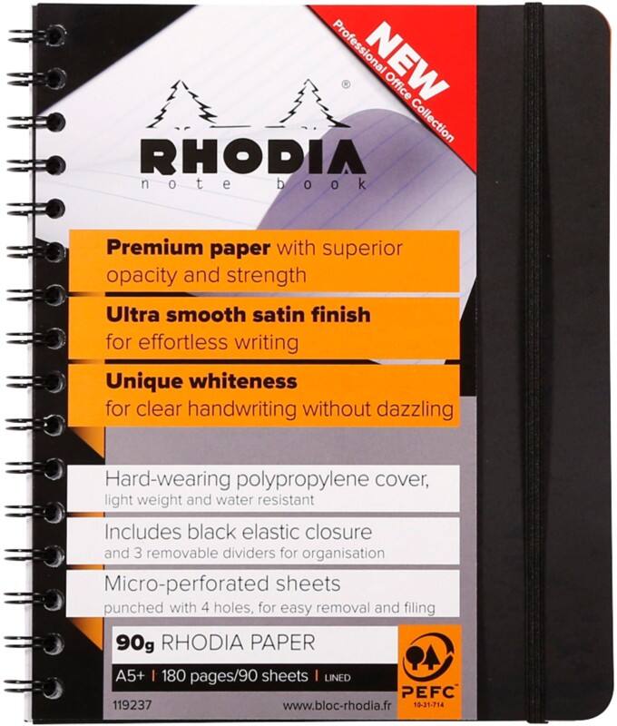 Rhodia Notebook 119237C A5 Ruled Spiral Bound PP (Polypropylene) Soft Cover Black Perforated 180 Pages 90 Sheets