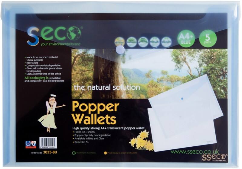 Seco Document Wallet A4 Press Stud PP (Polypropylene) Landscape 23.5 (W) x 33.5 (D) x 1.5 (H) cm Blue Pack of 5