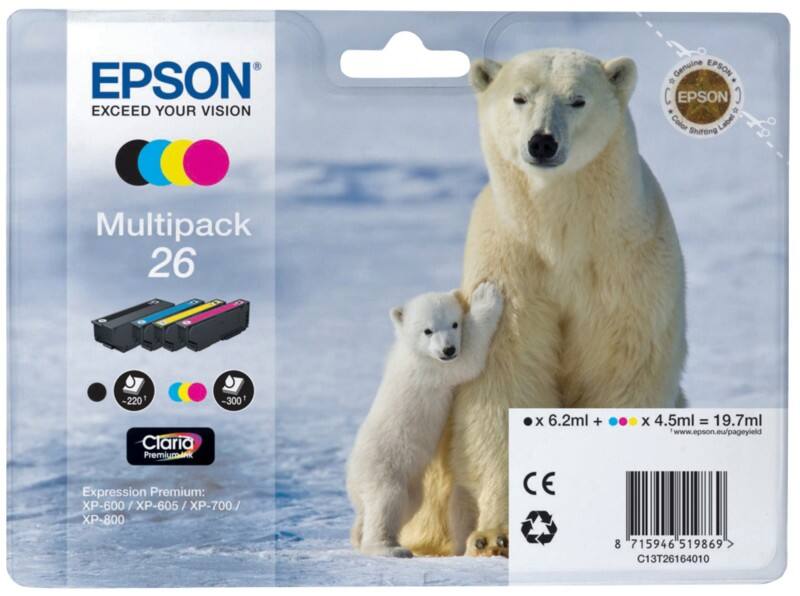 Epson 26 Original Ink Cartridge C13T26164010 Black, Cyan, Magenta, Yellow Multipack Pack of 4