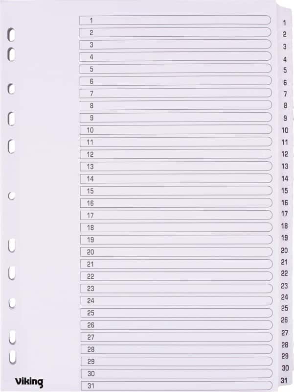 Viking 1 to 31 Dividers A4 White 31 Part Mylar 11 Holes
