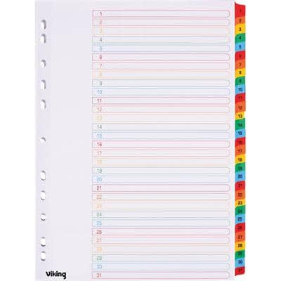 Viking Dividers A4 Assorted 31 Part Perforated Card 1 to 31