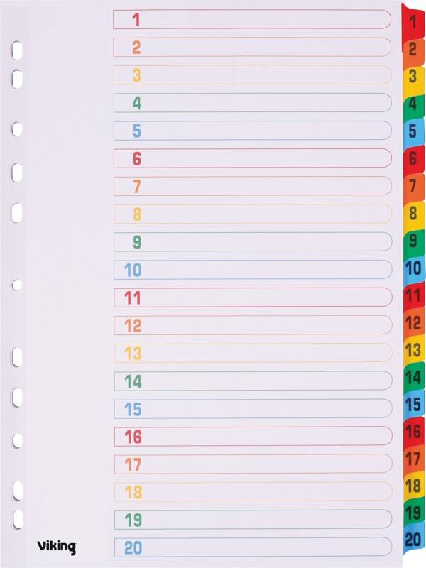 Viking Mylar 1 to 20 Numerical Dividers A4 White 20 Part Cardboard 11 Holes