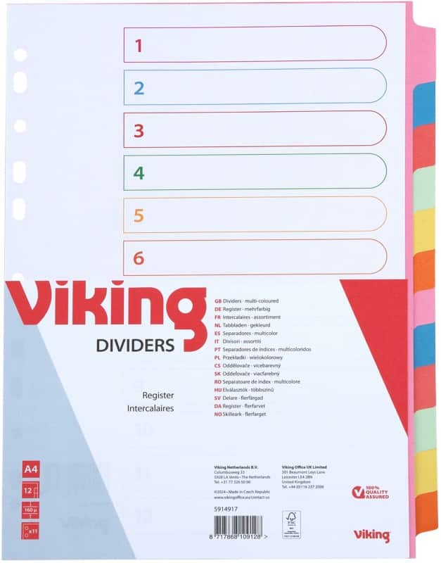 Viking Blank Dividers A4 Assorted Multicolour 12 Part Cardboard Rectangular 11 Holes
