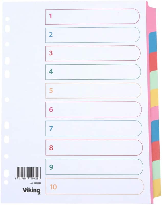Viking Standard Blank Blank Dividers A4 Assorted 10 Part 160 gsm Cardboard 11 Holes