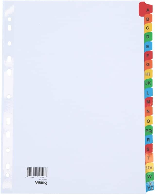 Viking Mylar A - Z Alphabetical Dividers A4 Assorted 20 Part Cardboard 11 Holes Mylar