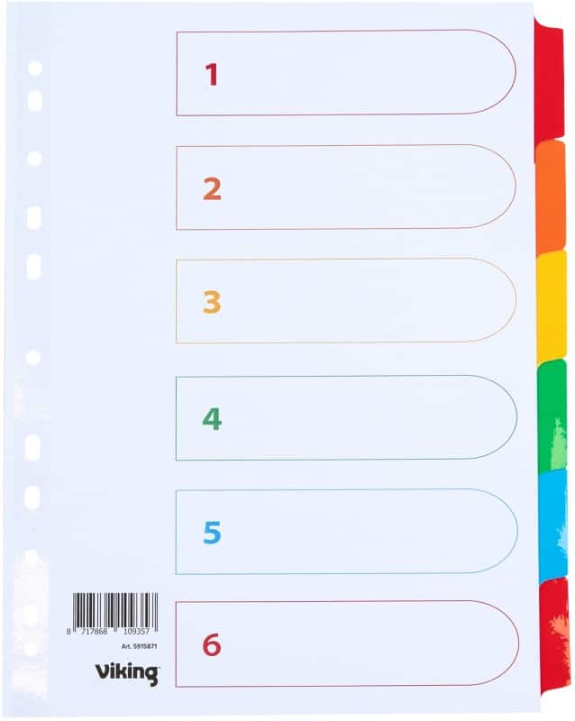 Viking Mylar Blank Blank Dividers A4 Assorted 6 Part Cardboard 11 Holes 28090 6 Sheets