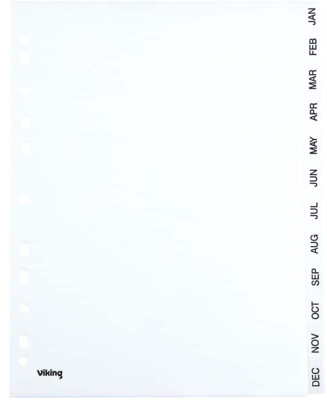 Viking Jan - Dec Alphabetical Dividers  A4 White 12 Part PP (Polypropylene) 11 Holes 400195042
