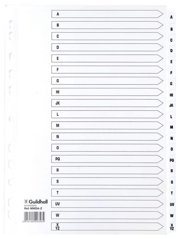 Guildhall A - Z Alphabetical Dividers A4 White 20 Part Cardboard 11 Holes MWDA-ZZ