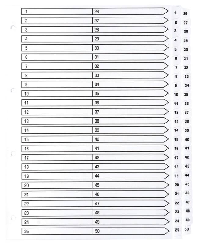 Guildhall 1 to 50 Numerical Dividers A4 White 50 Part Cardboard 11 Holes MWD1-50Z