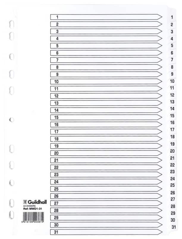 Guildhall 1 to 31 Numerical Dividers A4 White 31 Part Cardboard 11 Holes MWD1-31Z