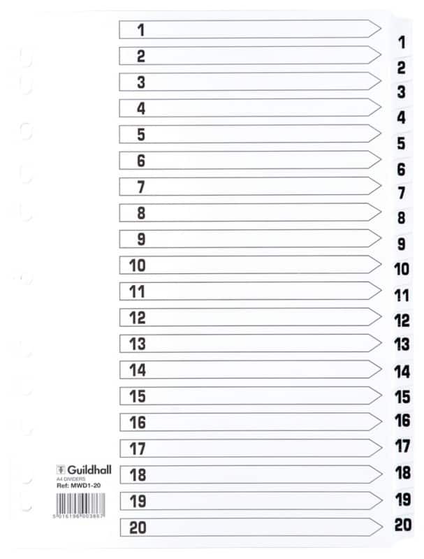 Guildhall 1 to 20 Numerical Dividers A4 White 20 Part Cardboard 11 Holes MWD1-20Z