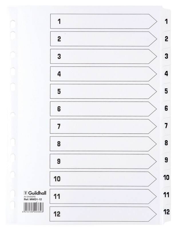 Guildhall 1 to 12 Numerical Dividers A4 White 12 Part Cardboard 11 Holes MWD1-12Z