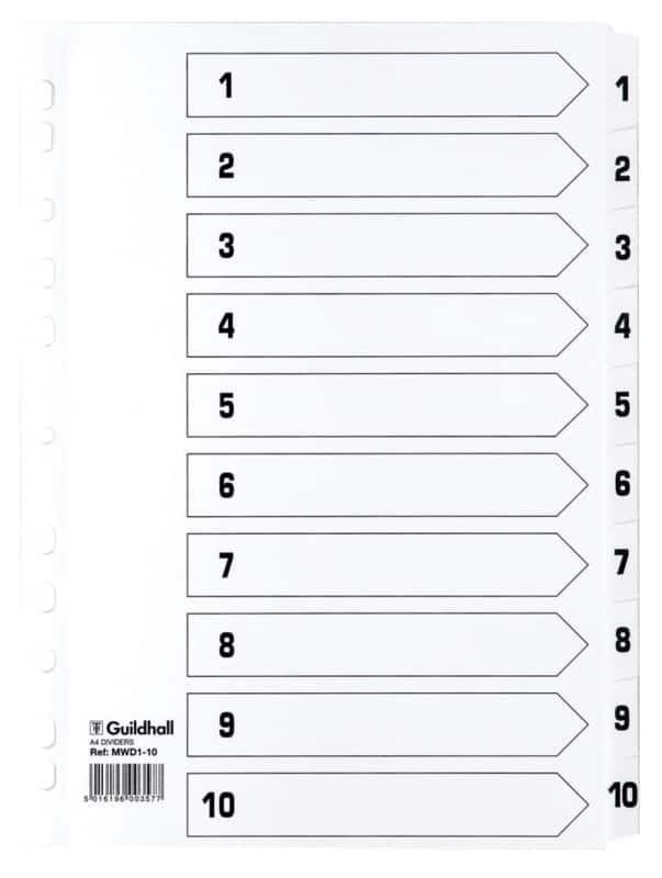 Guildhall 1 to 10 Numerical Dividers A4 White 10 Part Cardboard 11 Holes MWD1-10Z
