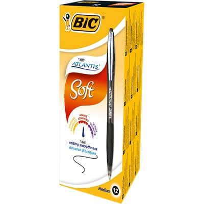 BIC Atlantis Soft Retractable Ballpoint Pen Grip Medium 0.4 mm Black Pack of 12