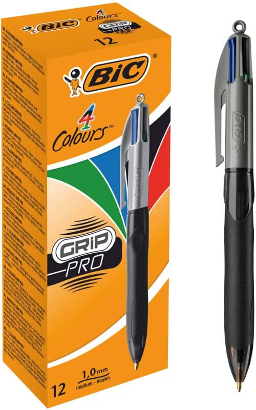 BIC Ballpoint Pen 4 Colours GRiP PRO 0.4 mm Black, Blue, Red, Green Medium 0.4 mm Refillable Pack of 12