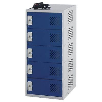 LINK51 Steel Locker with 5 Doors and Socket Charger Standard Deadlock Lockable with Key 450 x 450 x 930 mm Grey, Blue