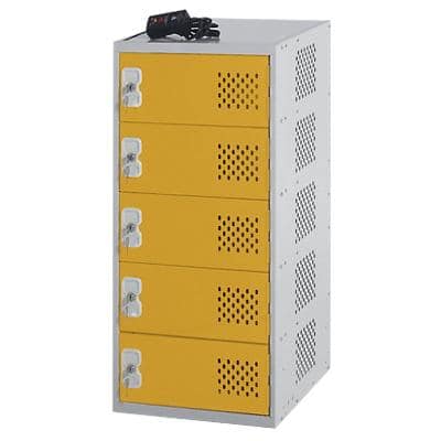 LINK51 Steel Locker with 5 Doors and Socket Charger Standard Deadlock Lockable with Key 450 x 450 x 930 mm Grey, Yellow