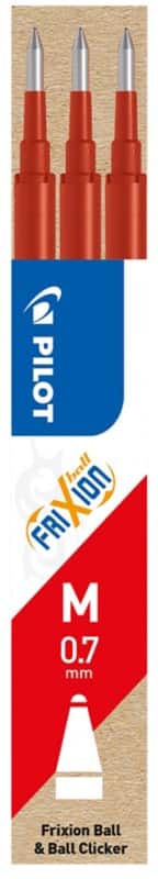 Pilot FriXion Ball Clicker Rollerball Pen Refill 0.35 mm Medium Conical Red Pack of 3