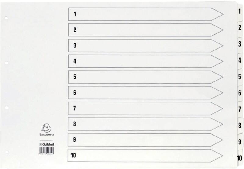 Guildhall 1 to 10 Numerical Dividers A3 White 10 Part Cardboard 11 Holes MWD1-10A3Z