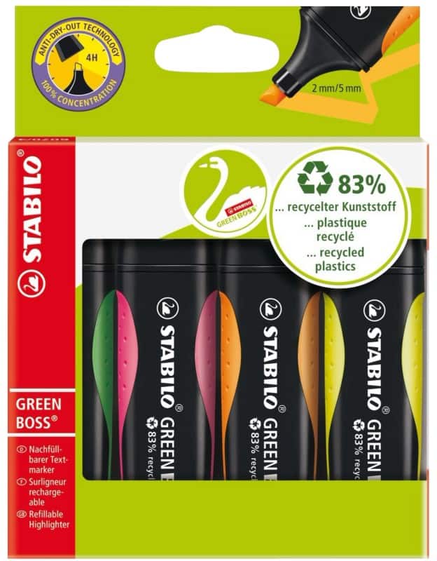 STABILO GREEN BOSS 6070/4 Highlighter Assorted Medium Chisel 2 - 5 mm Refillable Pack of 4