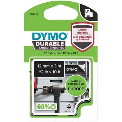 Dymo D1 1978365 Authentic Durable Label Tape Self Adhesive White Print on Black 12 mm x 3m
