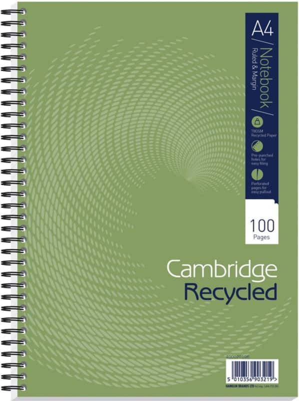 Cambridge Notebook A4 Ruled Spiral Bound Cardboard Hardback Green Perforated 100 Pages 50 Sheets Pack of 5