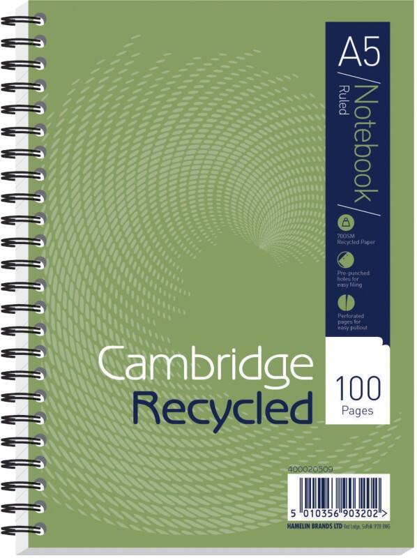 Cambridge Notebook A5 Ruled Spiral Bound Cardboard Hardback Green Perforated 100 Pages 50 Sheets Pack of 5