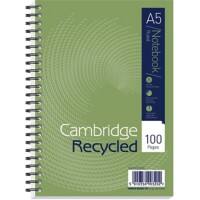Cambridge A5 Wirebound Green Hardback Notebook Green Ruled Recycled 100 Pages Pack of 5