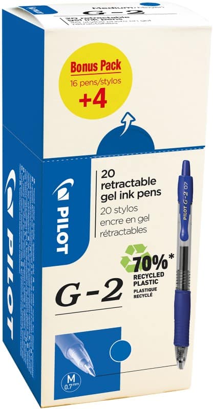 Pilot G2 Retractable Rollerball Pen Blue 0.4 mm Medium Conical Refillable 70% Recycled Pack of 20