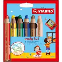 STABILO woody 3 in 1 Multi Talented Colouring Pencil Assorted with Sharpener Pack of 6