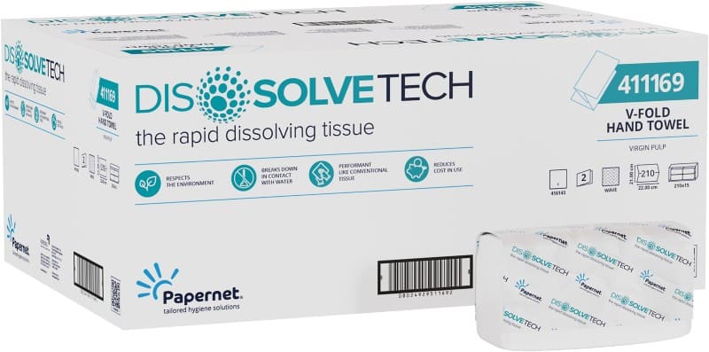 Papernet Dissolve Tech Paper Hand Towels V-fold White 2 Ply 403831 210 Sheets Pack of 15