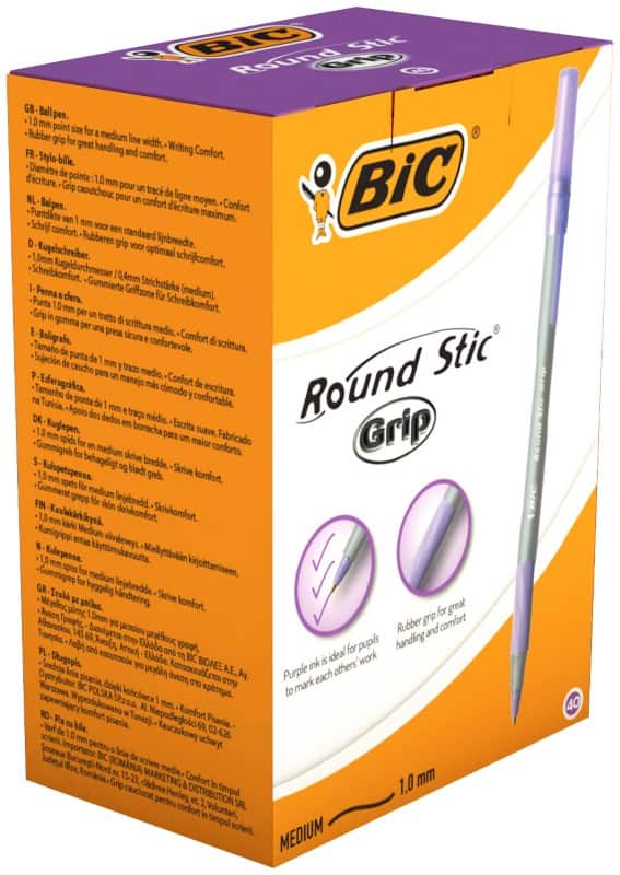 BIC Round Stic Grip Round Stic Grip Ballpoint Pen Purple 0.4 mm Medium Ballpoint Pack of 40