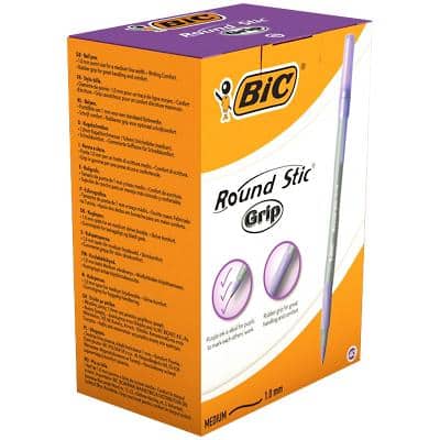 BIC Round Stic Grip Ballpoint Pen Medium 0.4 mm Purple Pack of 40