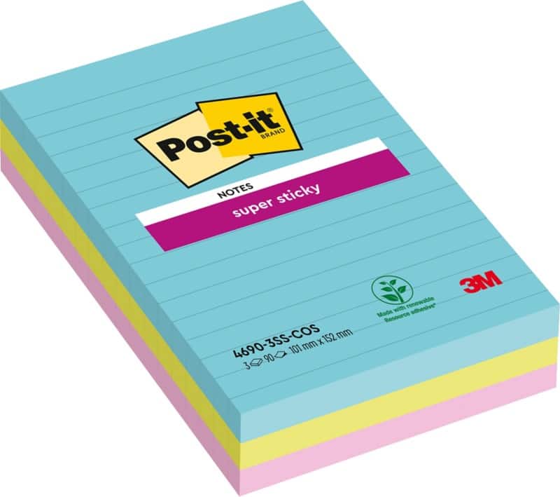 Post-it Miami Super Sticky Notes 101 x 152 mm Assorted Rectangular Ruled 3 Pads of 90 Sheets