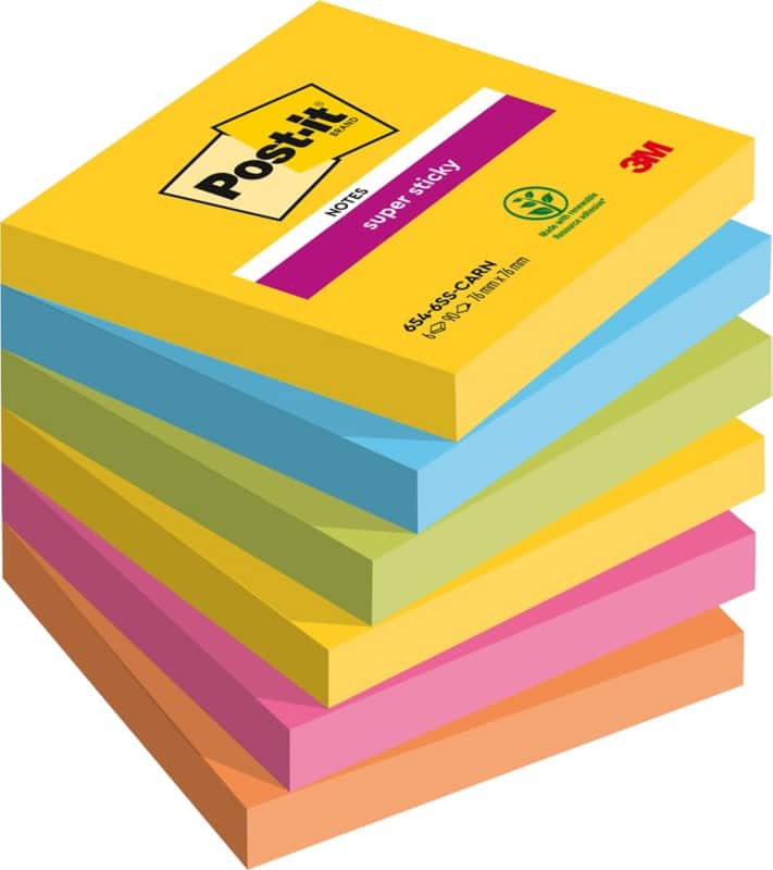 Post-it carnival super sticky notes 76 x 76 mm assorted colours square 6 pads of 90 sheets