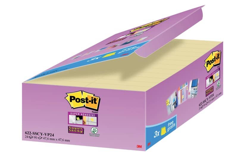 Post-it Super Sticky Notes 47.6 x 47.6 mm 90 Sheets Canary Yellow Value Pack 21 + 3 Free