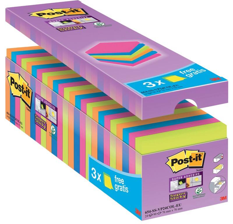 Post-it Super Sticky Notes 76 x 76 mm Assorted 90 Sheets Value Pack 21 + 3 Free