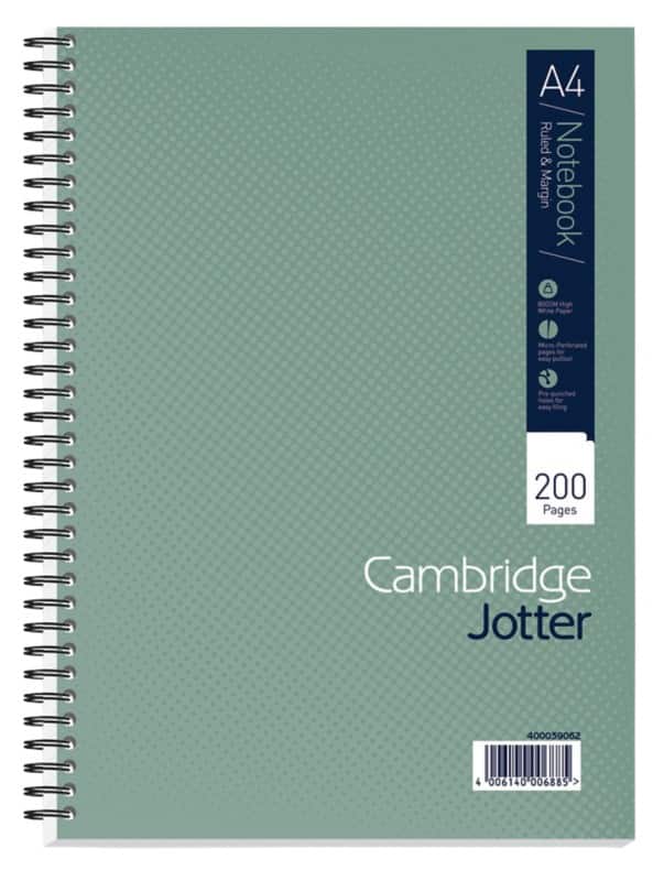 Cambridge Notebook Jotter A4 Ruled Spiral Bound Cardboard Hardback Green Perforated 200 Pages 100 Sheets
