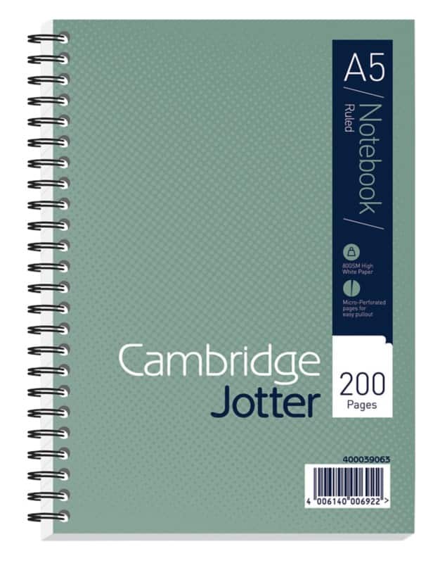 Cambridge Notebook Jotter A5 Ruled Spiral Bound Cardboard Hardback Green Perforated 200 Pages 100 Sheets