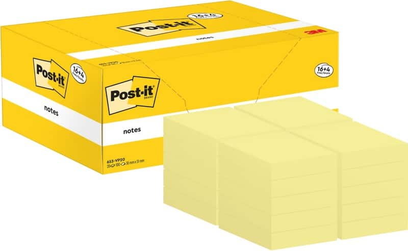 Post-it Sticky Notes 38 x 51 mm Canary Yellow 100 Sheets Value Pack 16 + 4 Free
