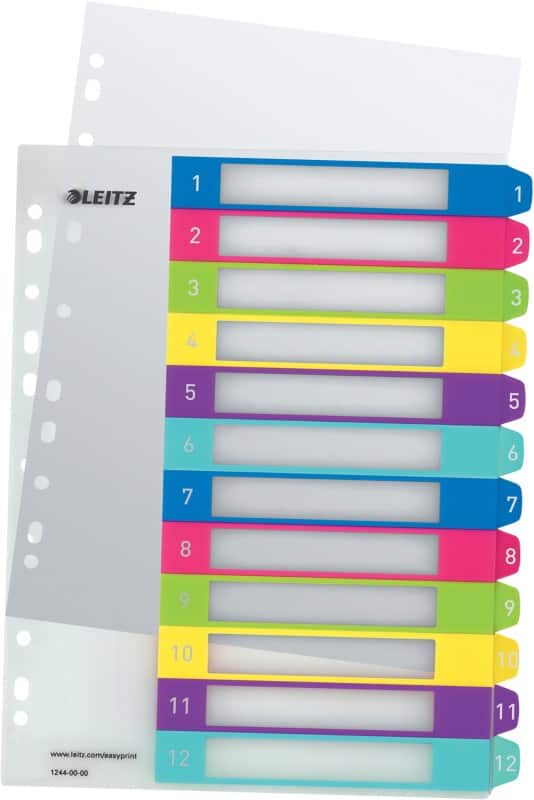 Leitz WOW PC Printable Indices 1244 A4 Maxi Multicolour 12 Part Perforated Polypropylene 1 to 12