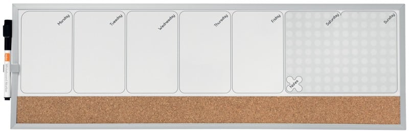 Nobo Small Wall Mountable Magnetic Whiteboard Weekly Planner 1903780 Lacquered Steel, Cork 585 x 190 mm White, Brown