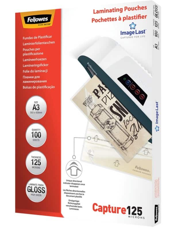 Fellowes ImageLast Capture Laminating Pouch A3 Glossy 125 microns (2 x 125) Transparent Pack of 100