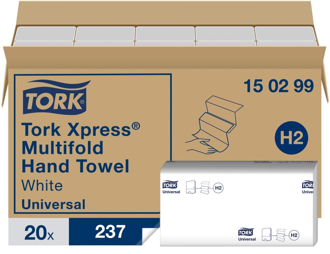 Tork Folded Hand Towels H2 Xpress Universal 2 Ply M-fold White 237 Sheets Pack of 20
