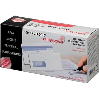 PROFESSIONAL DL Security Envelopes 225 x 112 mm Flap Window 90 gsm White Pack of 100
