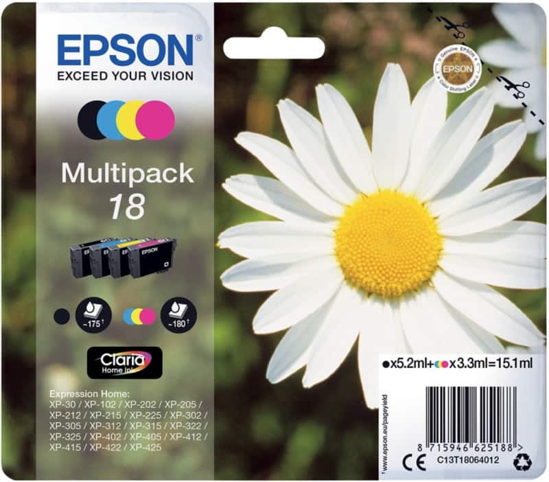 Epson 18 Original Ink Cartridge C13T18064012 Black& 3 Colours Multipack Pack of 4