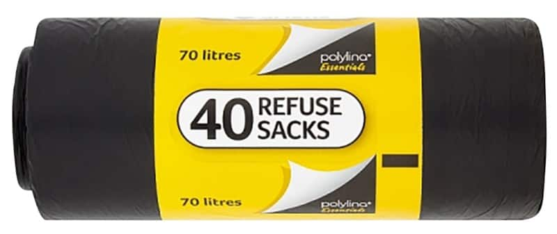 Polylina light duty bin bags 70 l 60% recycled black polyethylene 13 microns pack of 40