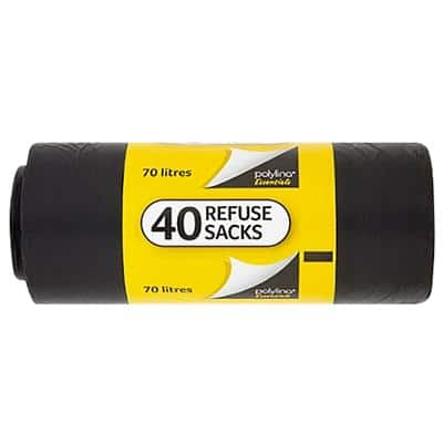 polylina Light Duty Bin Bags 70 L 60% Recycled Black Polyethylene 13 Microns Pack of 40