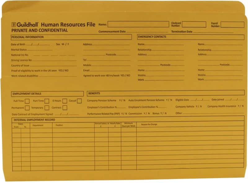 Guildhall HR File Pre-printed A4 Manila 21 cm (H) Yellow Pack of 50